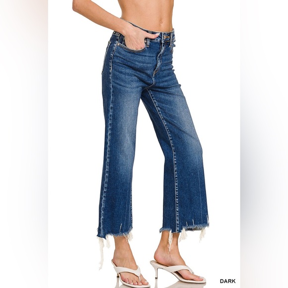 Zenana Outfitters Denim - Zenana Distressed Kick Dark Blue Flare Jeans with Raw Hem Size 30